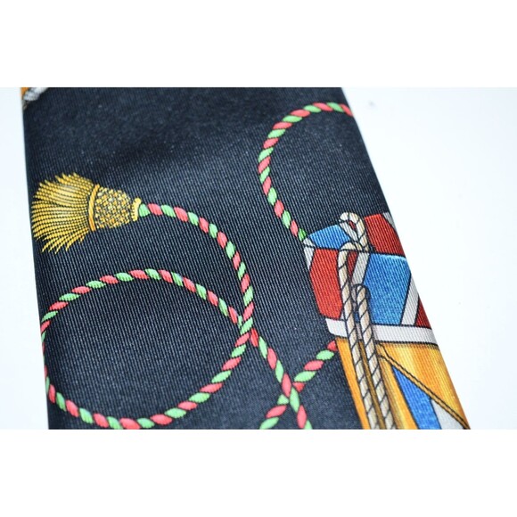 Vtg Hermes Les Tambours Black Gold drums tassels Tie 100% Silk Made in France - Picture 3 of 10